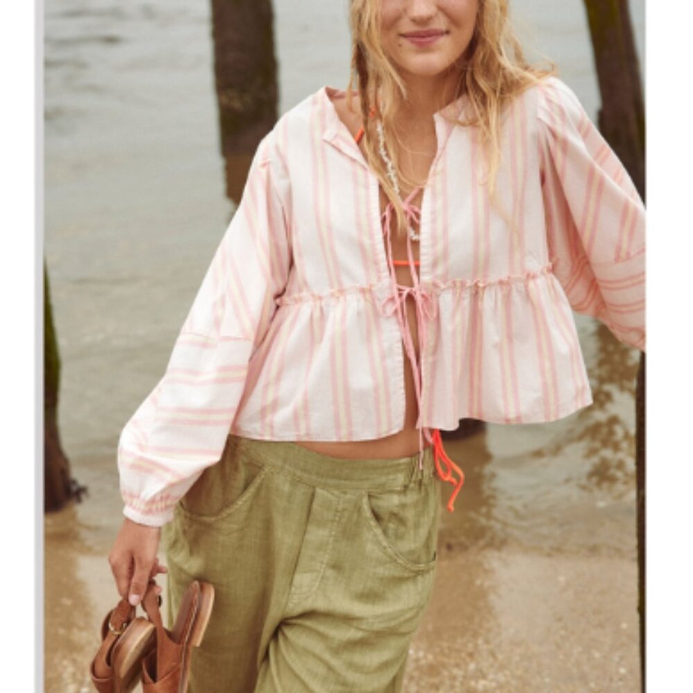 Free People Pink & White Striped Peplum Tie-Front Blouse